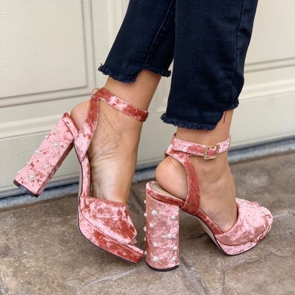 Velvet Pink Pearl Block High Heel Platform Sandal - Picture 3 of 6